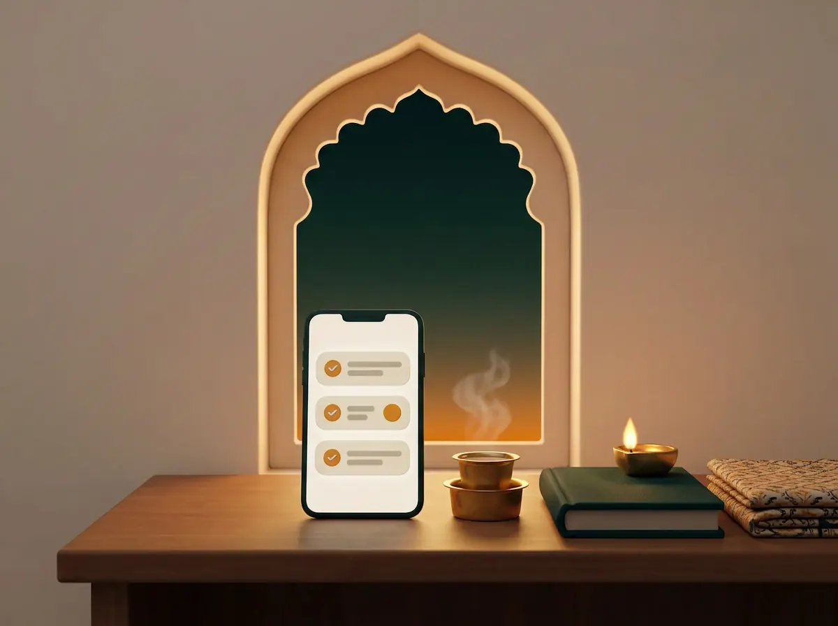 Illustration: dusk through an arched jharokha window; on the desk, a phone showing a short checklist, a brass cup of chai and a lit diya.