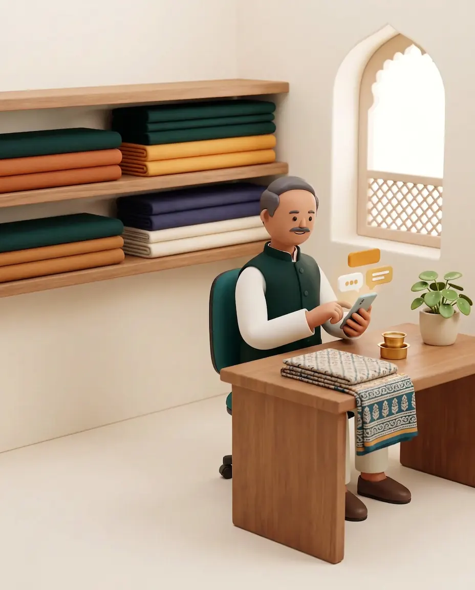 Illustration: a textile trader at his desk in a Jaipur showroom, shelves of ink-green, orange and indigo fabric behind him, in an ink-green jacket,, typing a task into his phone.